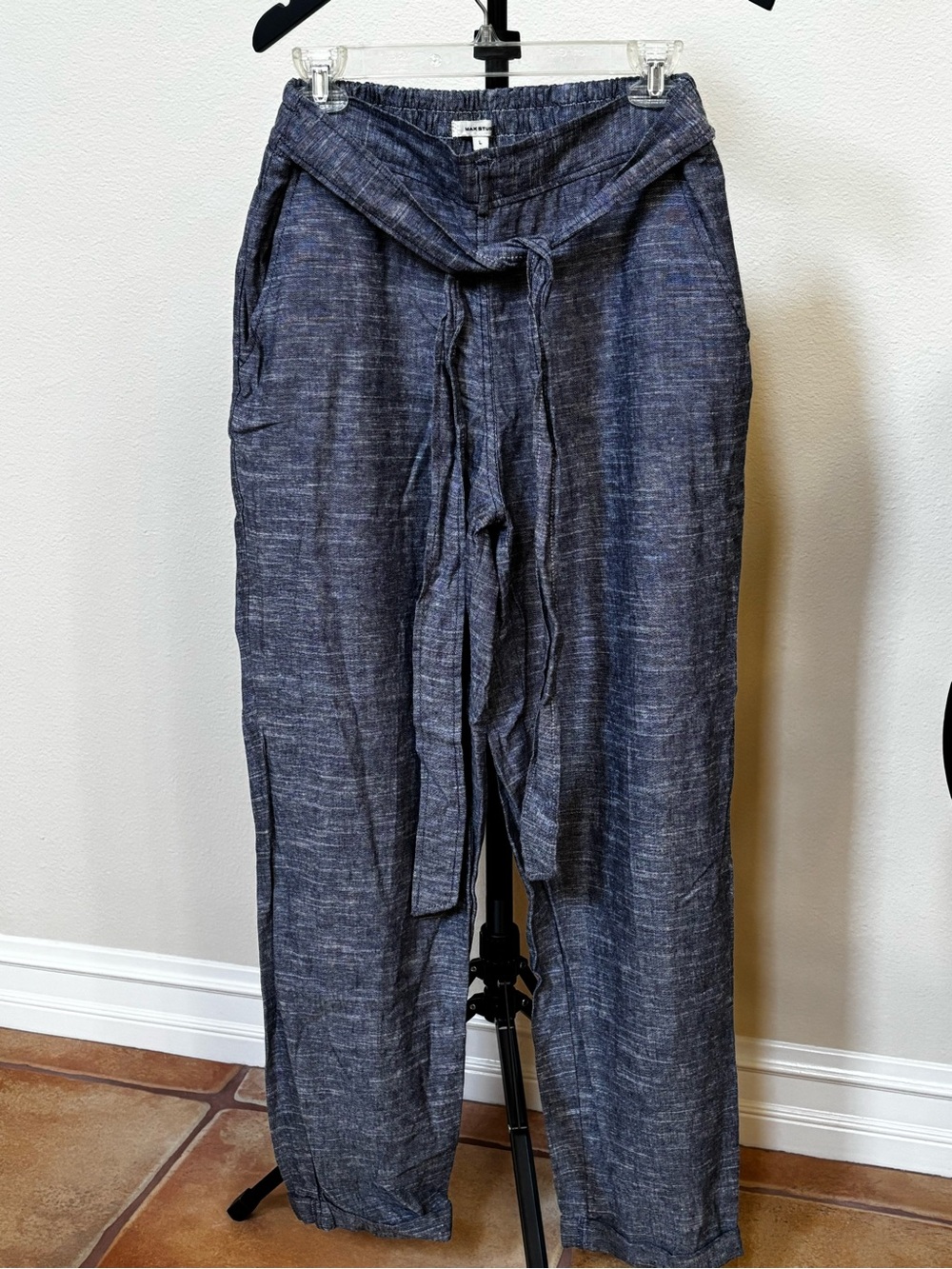 Max Studio Navy Tie-Waist Linen-Blend Chinos